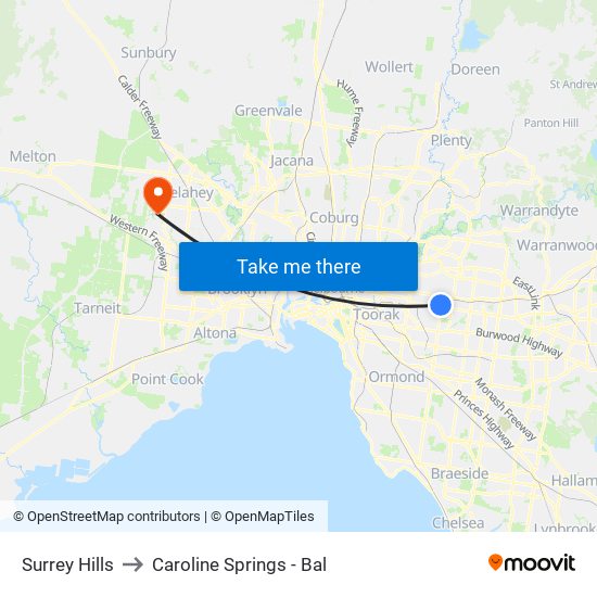 Surrey Hills to Caroline Springs - Bal map