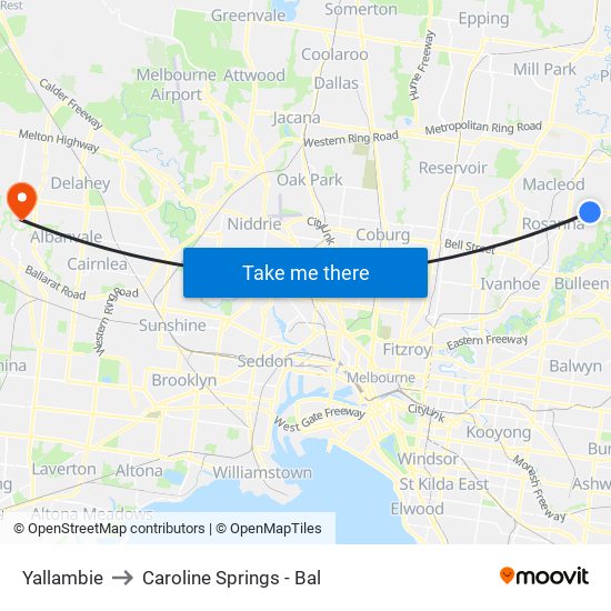 Yallambie to Caroline Springs - Bal map