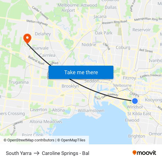 South Yarra to Caroline Springs - Bal map