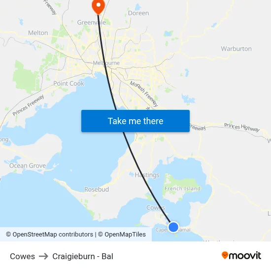 Cowes to Craigieburn - Bal map