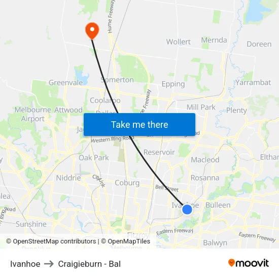 Ivanhoe to Craigieburn - Bal map