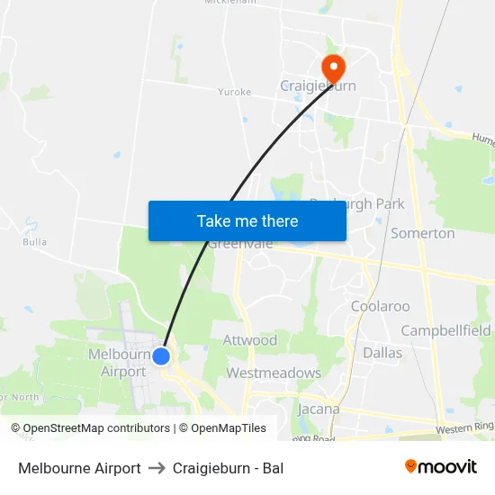 Melbourne Airport to Craigieburn - Bal map