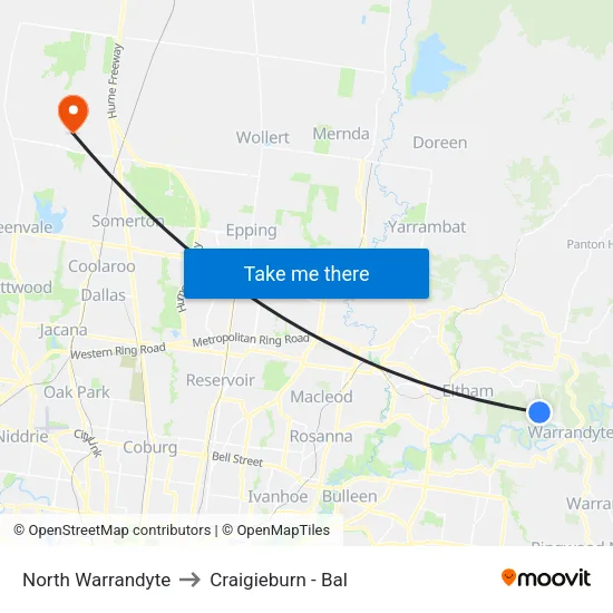 North Warrandyte to Craigieburn - Bal map