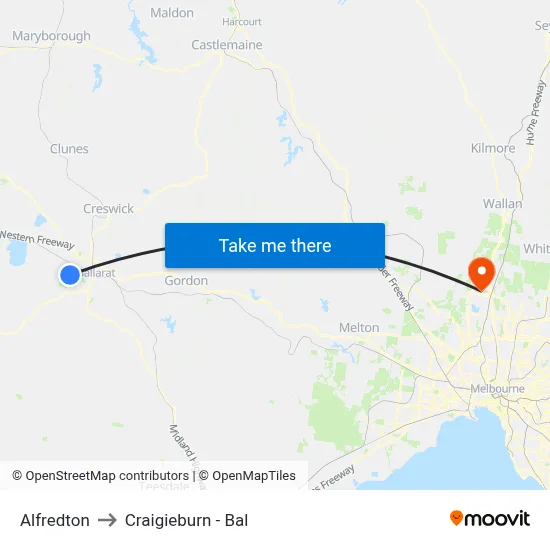 Alfredton to Craigieburn - Bal map