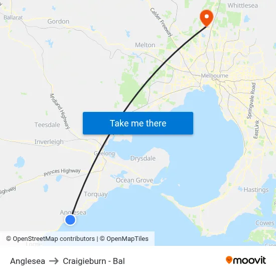 Anglesea to Craigieburn - Bal map