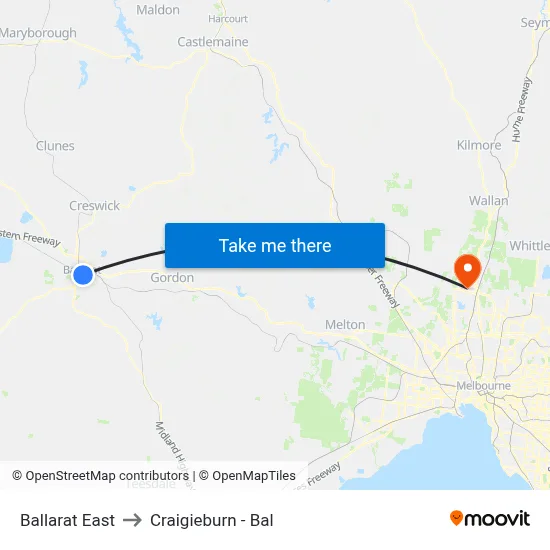 Ballarat East to Craigieburn - Bal map