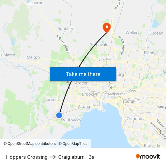 Hoppers Crossing to Craigieburn - Bal map