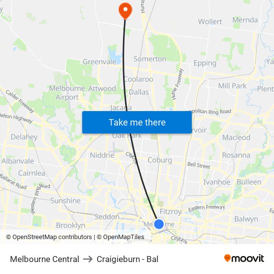 Melbourne Central to Craigieburn - Bal map