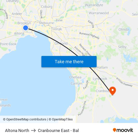 Altona North to Cranbourne East - Bal map