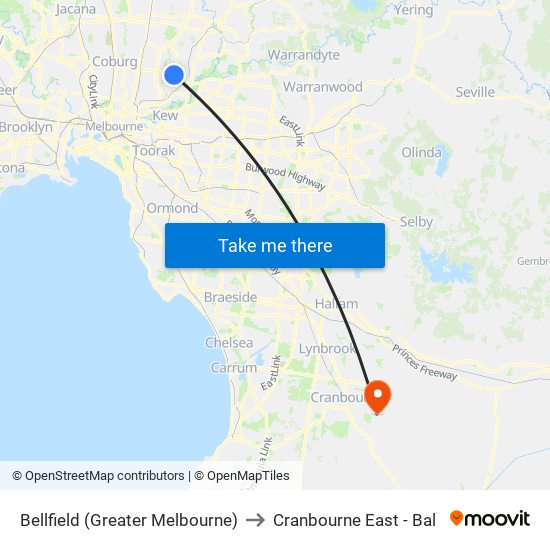Bellfield (Greater Melbourne) to Cranbourne East - Bal map