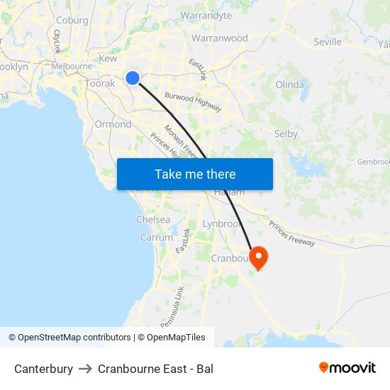 Canterbury to Cranbourne East - Bal map