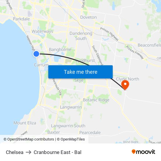 Chelsea to Cranbourne East - Bal map