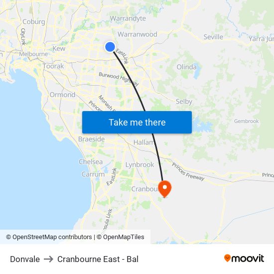 Donvale to Cranbourne East - Bal map