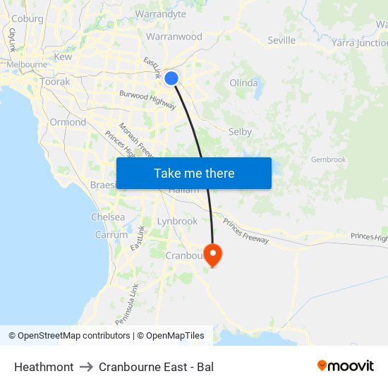 Heathmont to Cranbourne East - Bal map