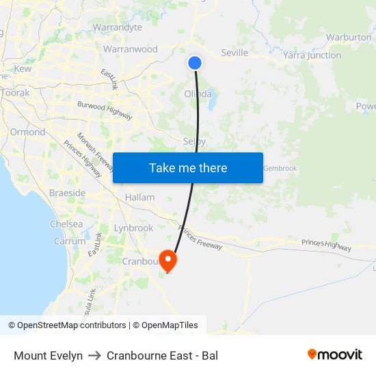 Mount Evelyn to Cranbourne East - Bal map
