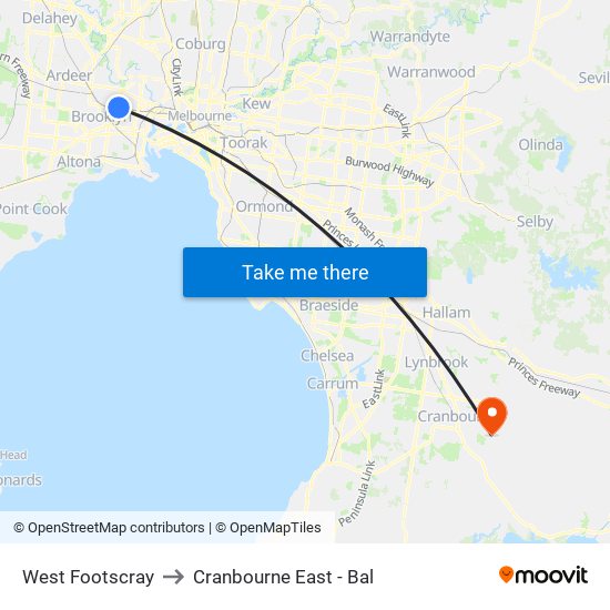 West Footscray to Cranbourne East - Bal map