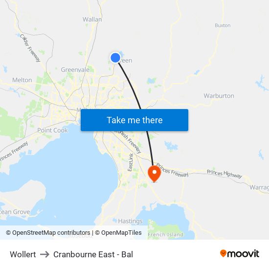 Wollert to Cranbourne East - Bal map