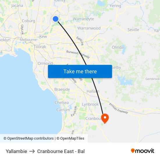 Yallambie to Cranbourne East - Bal map