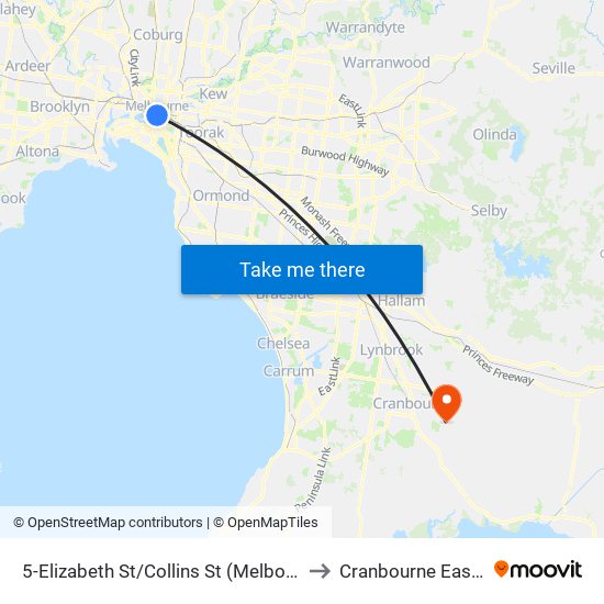 5-Elizabeth St/Collins St (Melbourne City) to Cranbourne East - Bal map