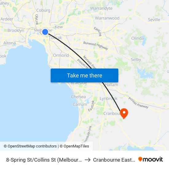 8-Spring St/Collins St (Melbourne City) to Cranbourne East - Bal map