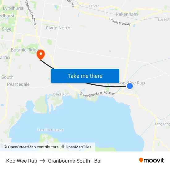 Koo Wee Rup to Cranbourne South - Bal map