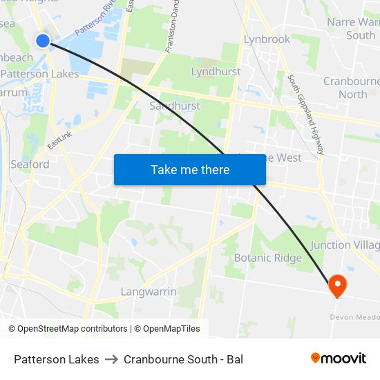 Patterson Lakes to Cranbourne South - Bal map