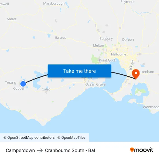 Camperdown to Cranbourne South - Bal map
