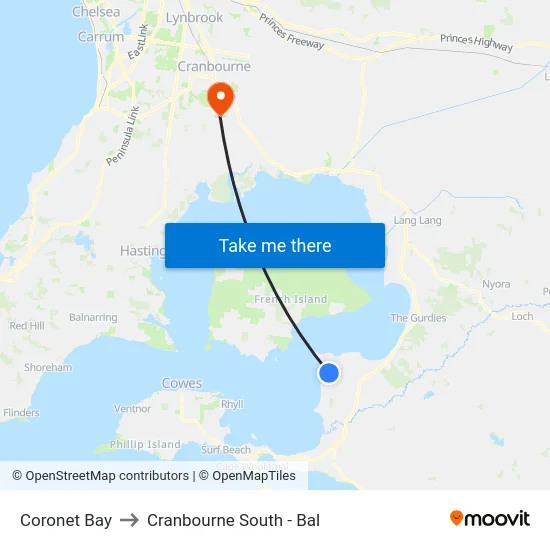 Coronet Bay to Cranbourne South - Bal map
