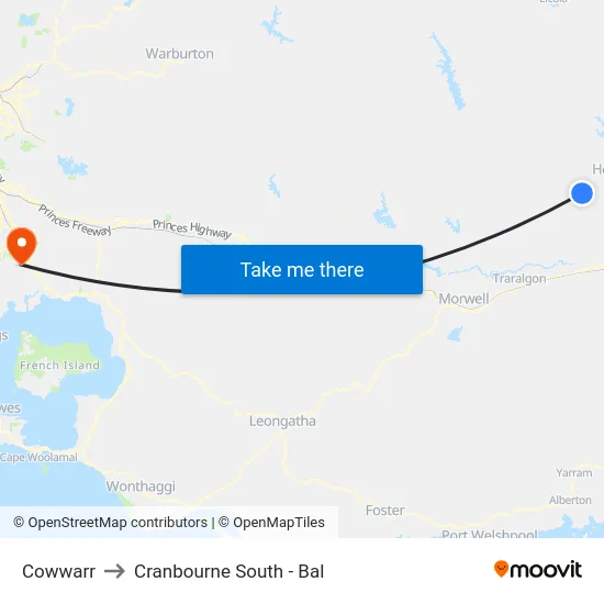 Cowwarr to Cranbourne South - Bal map