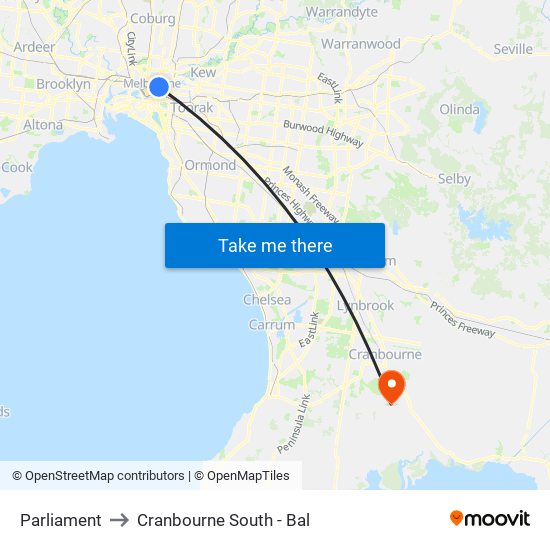 Parliament to Cranbourne South - Bal map