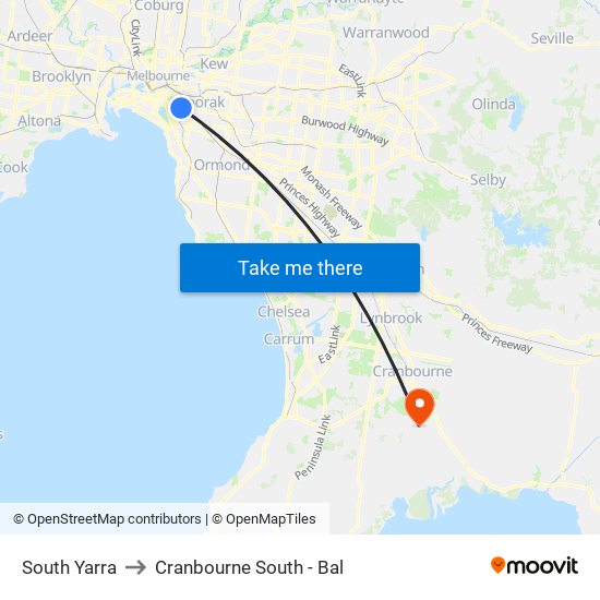 South Yarra to Cranbourne South - Bal map