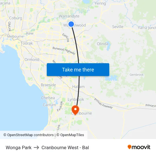 Wonga Park to Cranbourne West - Bal map