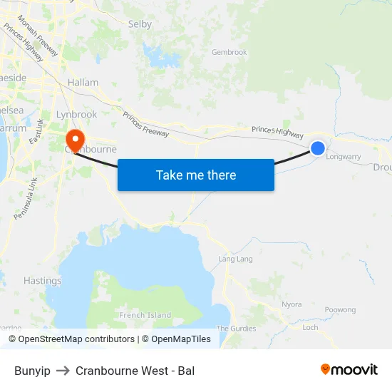 Bunyip to Cranbourne West - Bal map
