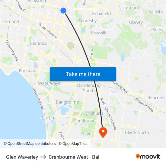 Glen Waverley to Cranbourne West - Bal map