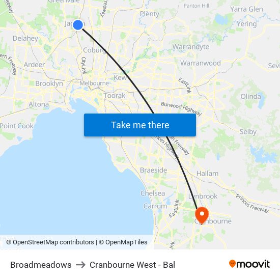 Broadmeadows to Cranbourne West - Bal map