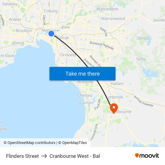 Flinders Street to Cranbourne West - Bal map