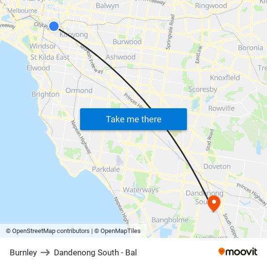 Burnley to Dandenong South - Bal map