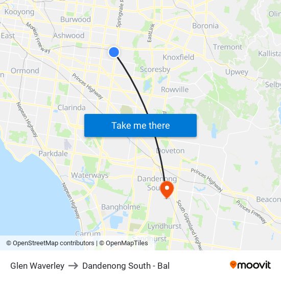 Glen Waverley to Dandenong South - Bal map