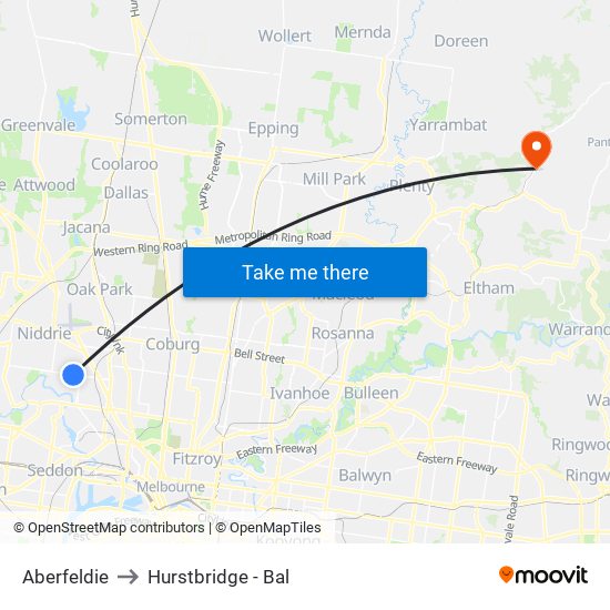 Aberfeldie to Hurstbridge - Bal map