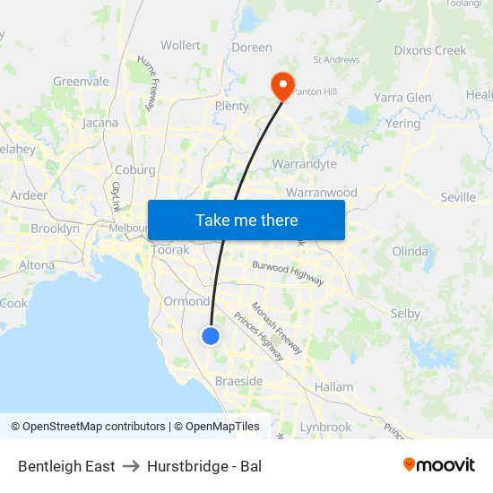 Bentleigh East to Hurstbridge - Bal map