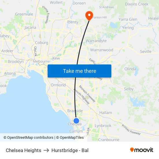 Chelsea Heights to Hurstbridge - Bal map