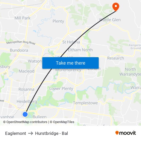 Eaglemont to Hurstbridge - Bal map