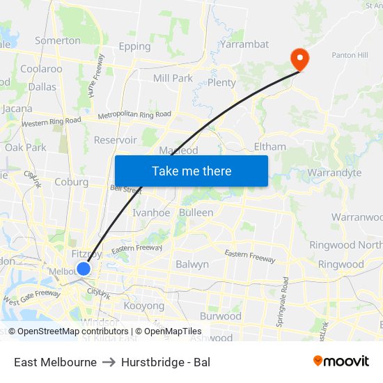 East Melbourne to Hurstbridge - Bal map