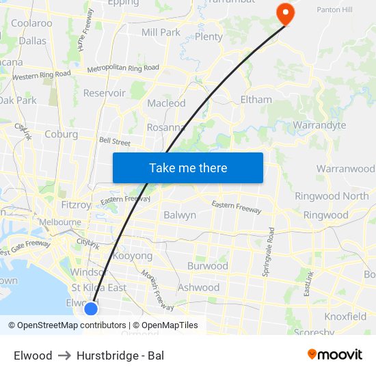 Elwood to Hurstbridge - Bal map