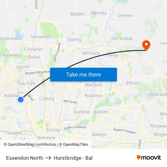 Essendon North to Hurstbridge - Bal map