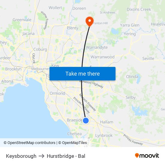 Keysborough to Hurstbridge - Bal map