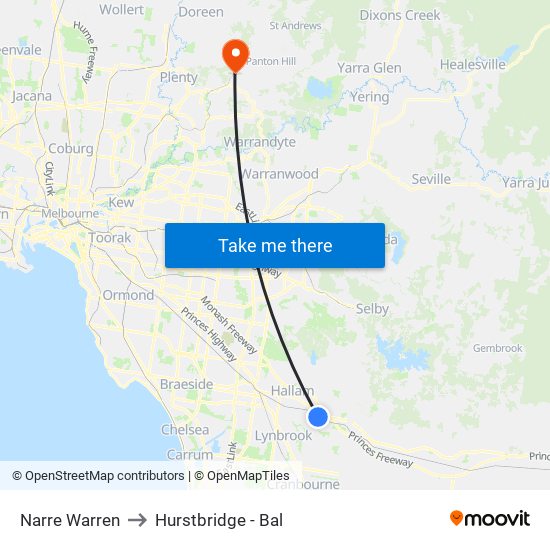 Narre Warren to Hurstbridge - Bal map