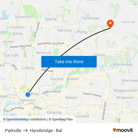 Parkville to Hurstbridge - Bal map