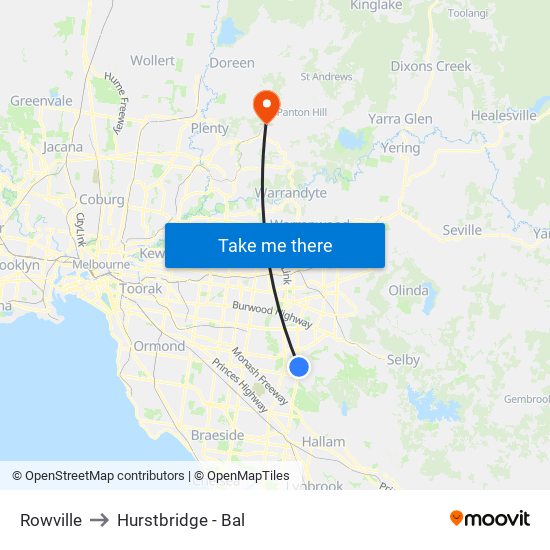 Rowville to Hurstbridge - Bal map