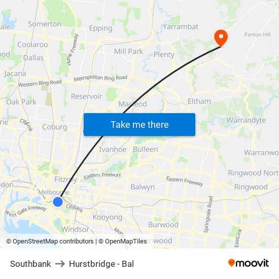 Southbank to Hurstbridge - Bal map